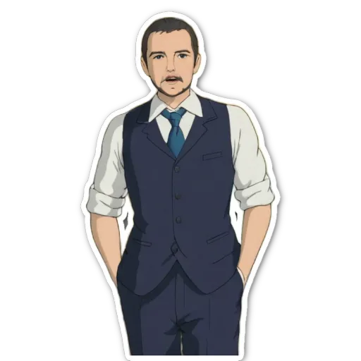 A cartoonish drawing of a man wearing a suit with a blue tie.