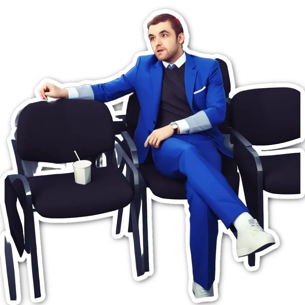 A man in a blue suit is sitting in a black chair.