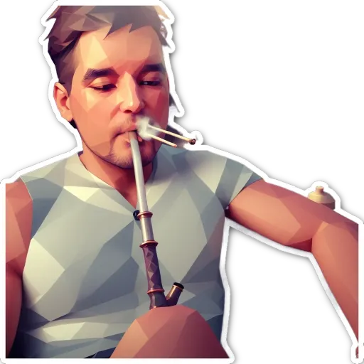 A man is smoking a pipe and has a polygonal face.