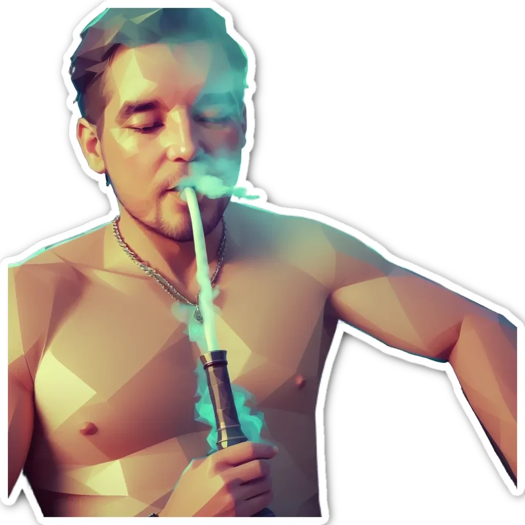 A man is smoking a pipe and the pipe is white.