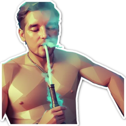 A man is smoking a pipe and the pipe is white.