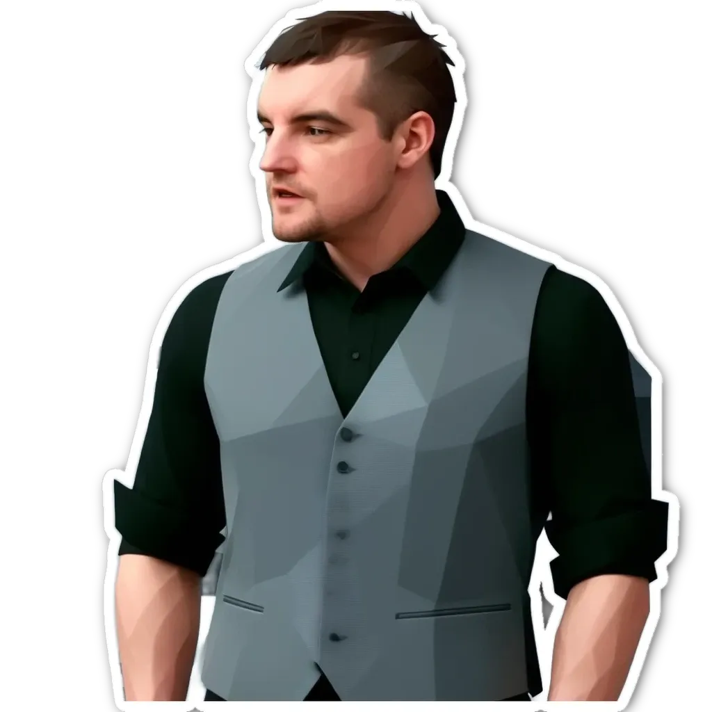 A man wearing a grey vest and shirt is looking to the right.
