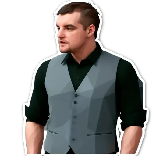A man wearing a grey vest and shirt is looking to the right.