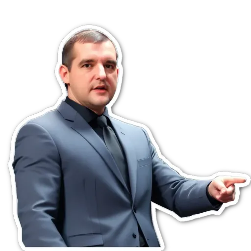 A man wearing a suit points to the left.