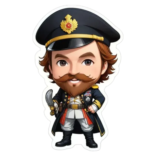 A cartoon depiction of a man in uniform with a sword.