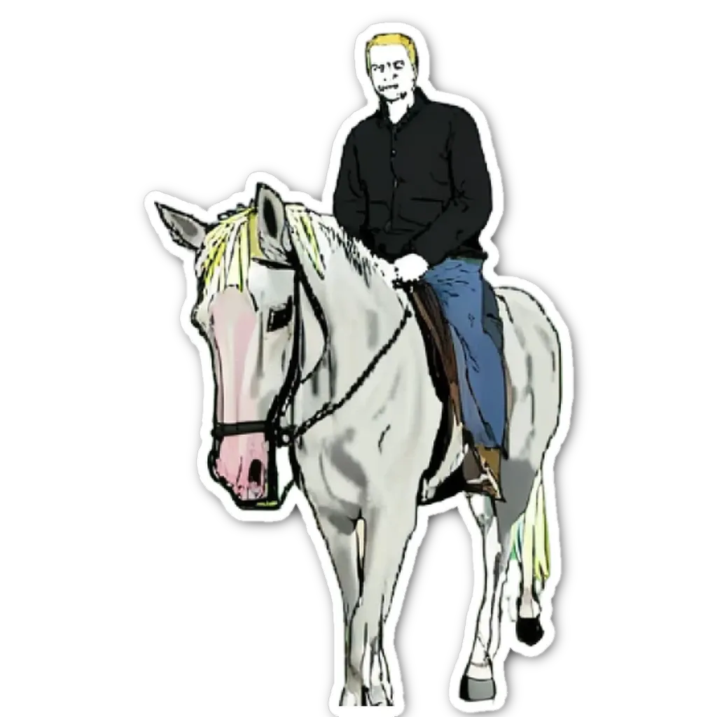 A man with blonde hair riding a white horse.