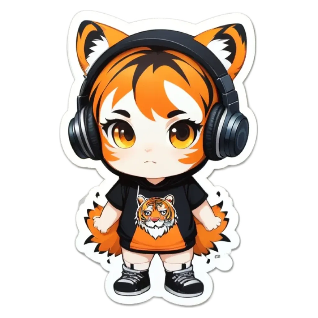 A small cat sticker girl is wearing headphones.