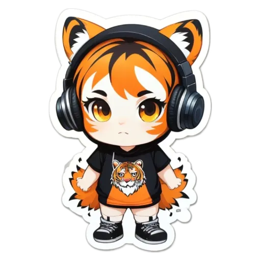 A small cat sticker girl is wearing headphones.