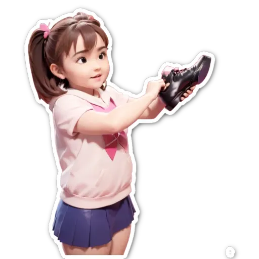 A girl holding a black shoe in front of her.