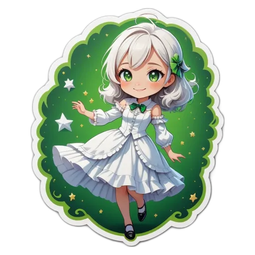 A girl is wearing a white dress and a bow in her hair.