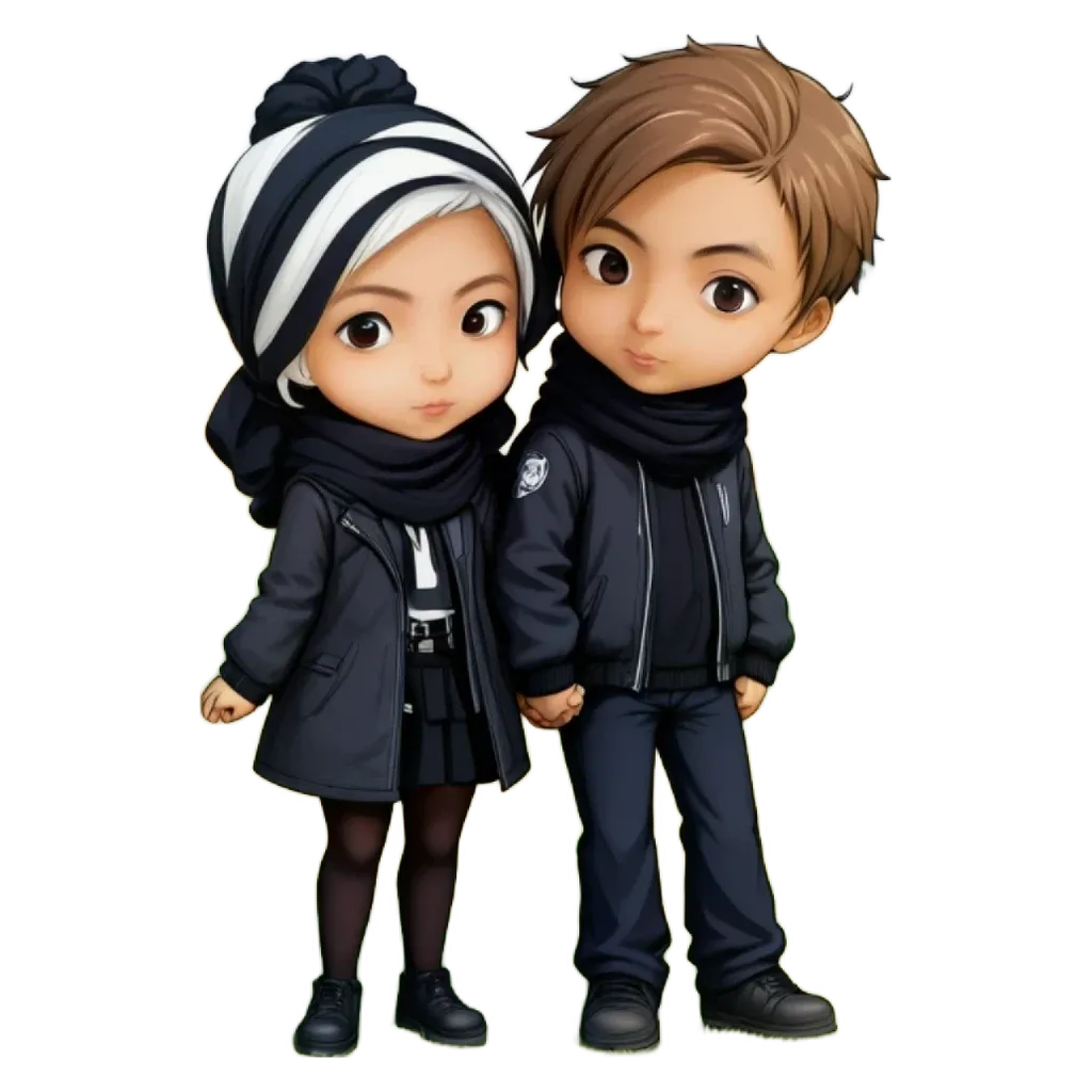 A boy and girl are holding hands in a cartoonish manner.