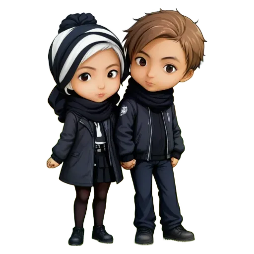 A boy and girl are holding hands in a cartoonish manner.