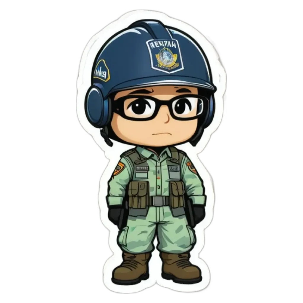 A boy is wearing glasses and a sticker of a policeman.