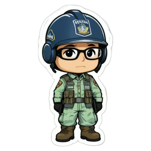 A boy is wearing glasses and a sticker of a policeman.