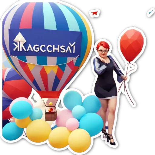 A woman holding a red balloon is in front of a sign that says krakcchá.