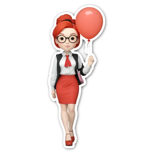 A girl wearing a red skirt holding a red balloon is standing on a black and white background.