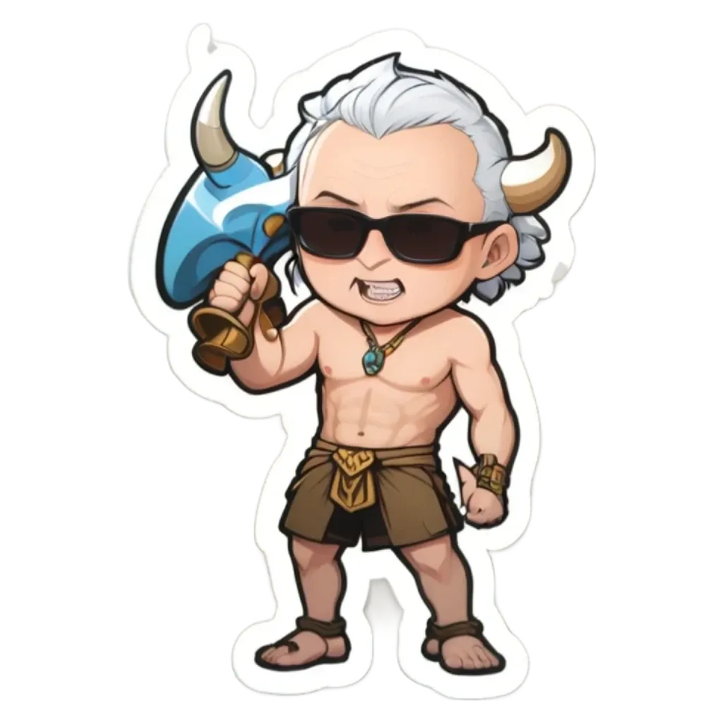 A cartoon drawing of a man with bull horns and a blue helmet.