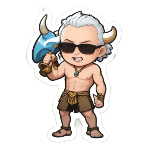 A cartoon drawing of a man with bull horns and a blue helmet.