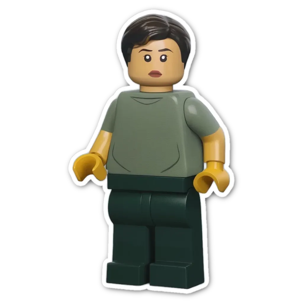 A green lego man with a yellow glove on his right hand.