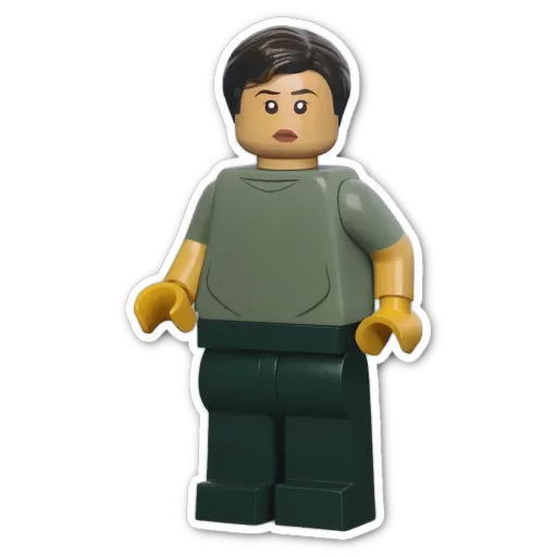 A green lego man with a yellow glove on his right hand.