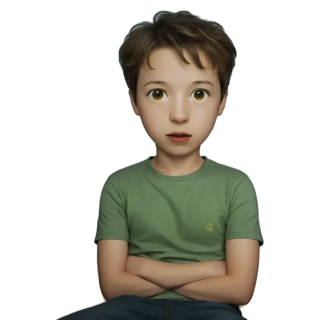 A boy wearing a green shirt with his arms crossed in front of his body.