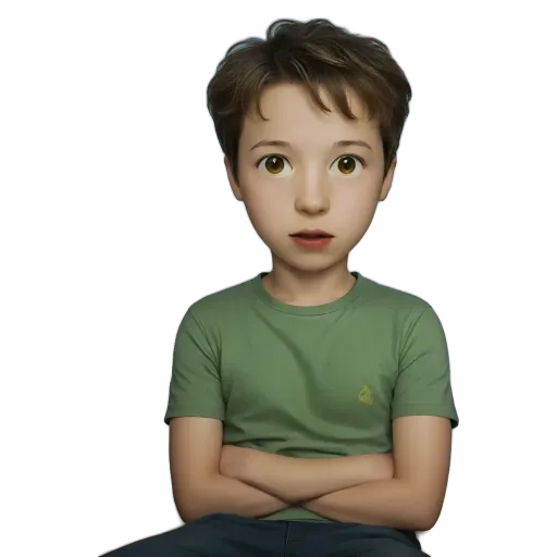 A boy wearing a green shirt with his arms crossed in front of his body.