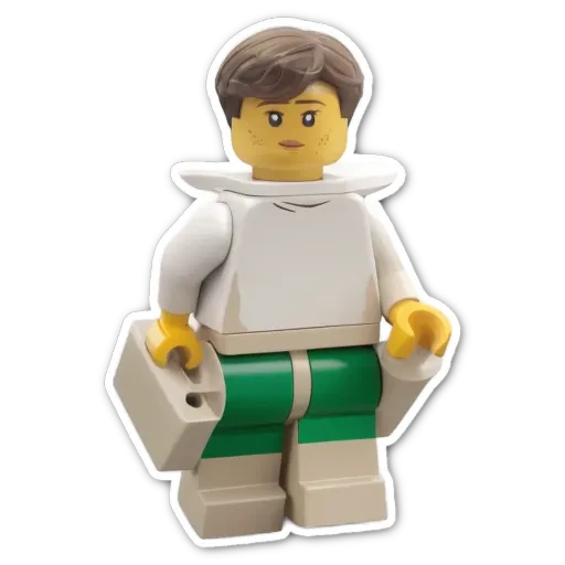 A white and green lego figure holding a briefcase.