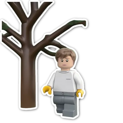 A lego man looking at a tree.