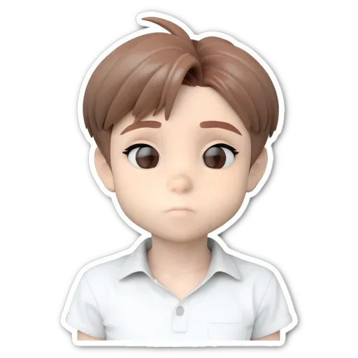 A boy wearing a white shirt and looking down.