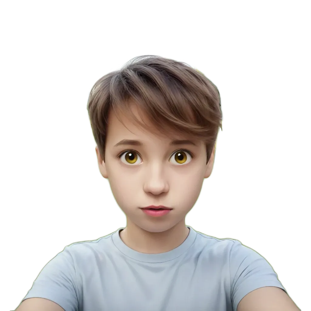 A boy wearing a white shirt looking at the camera.