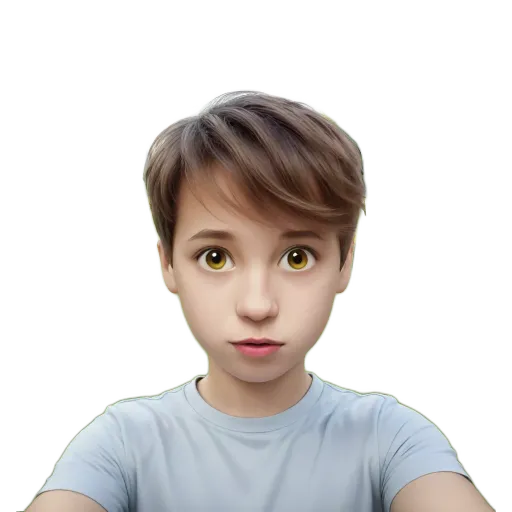 A boy wearing a white shirt looking at the camera.