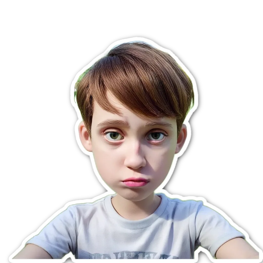 A boy with a white shirt and a black arrow.