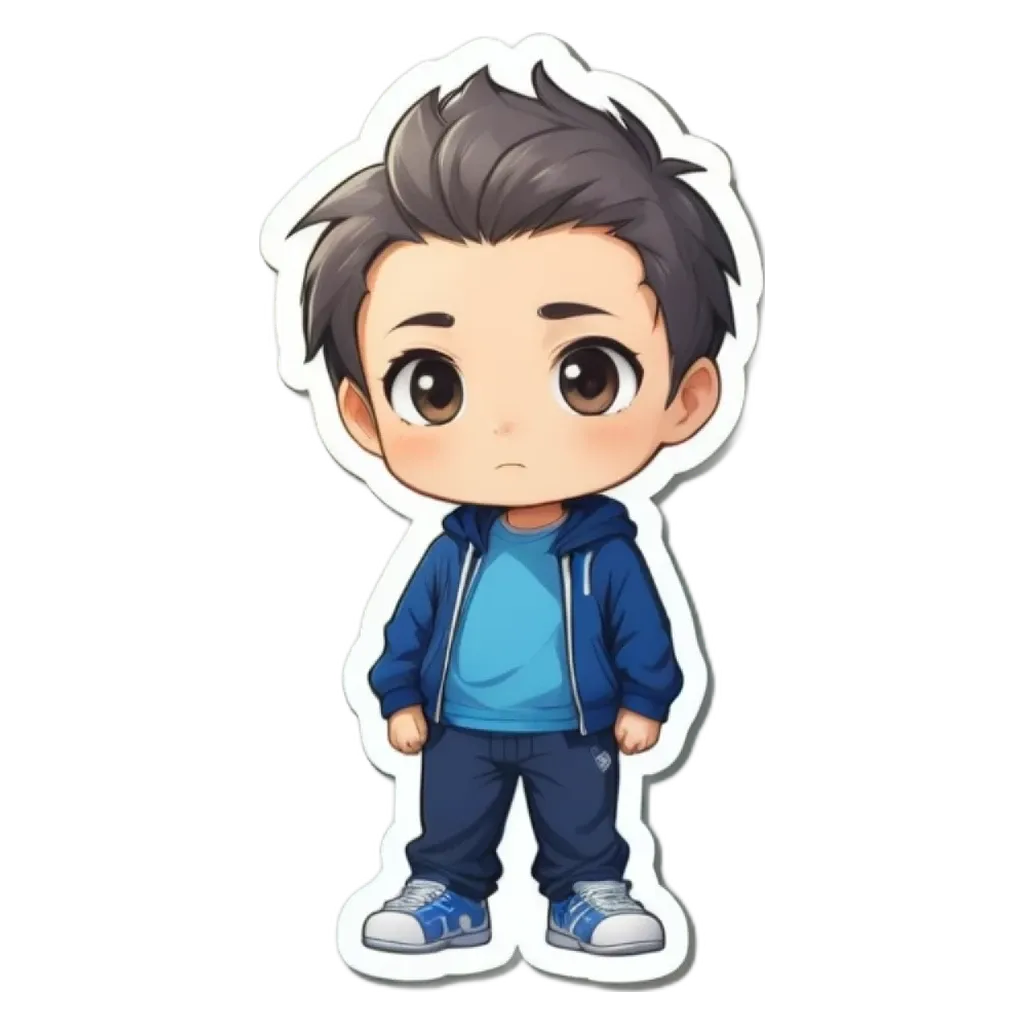A boy in blue jacket and blue shoes standing against a black background.