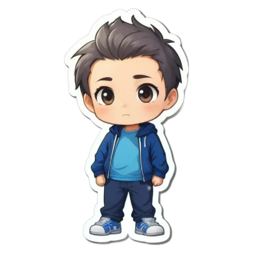 A boy in blue jacket and blue shoes standing against a black background.