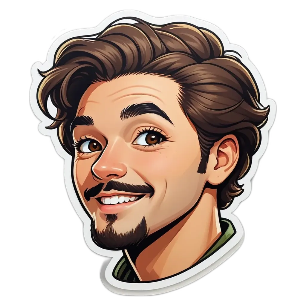 A man's face is depicted with a sticker of his head.