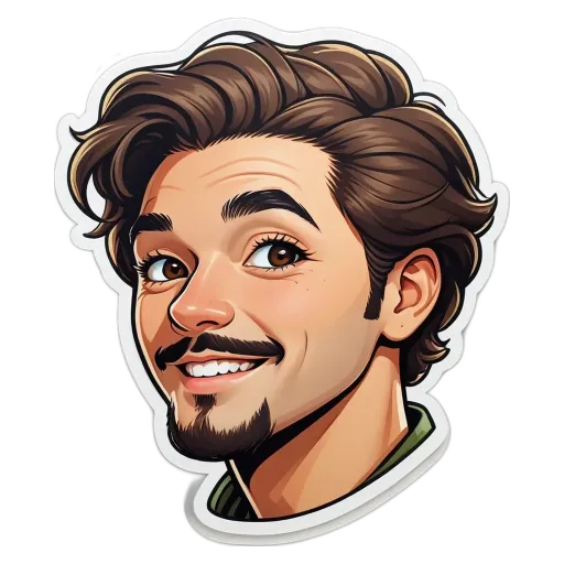 A man's face is depicted with a sticker of his head.