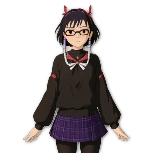 A girl wearing a black sweater and a purple plaid skirt.