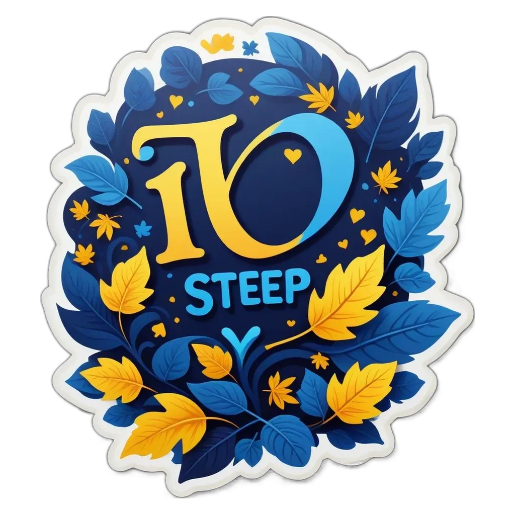 A 10 Step sticker with a black and blue background.