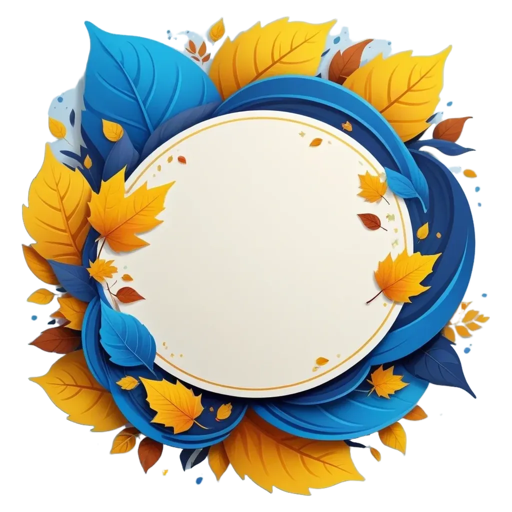 A leafy abstract design with a large blue and orange circle in the middle.