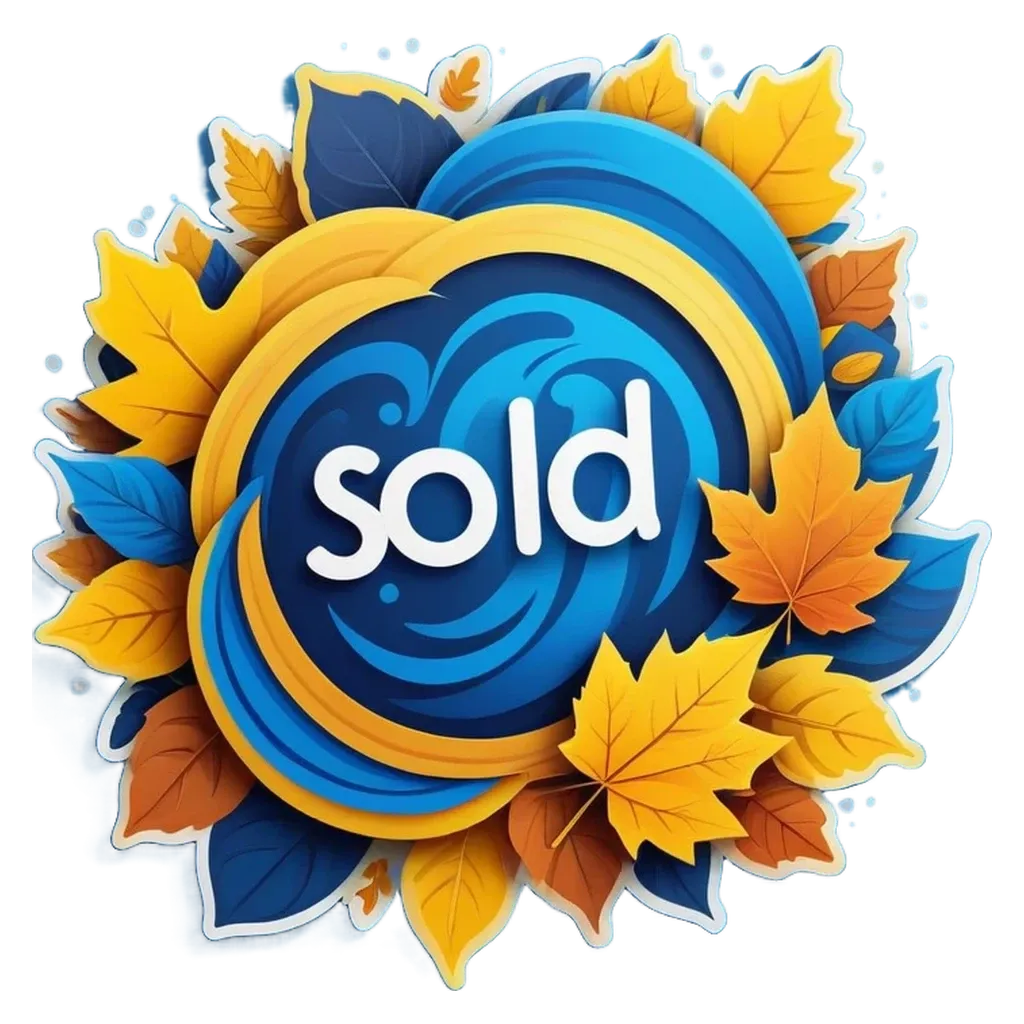 Sale on a black background with yellow and blue leaves.