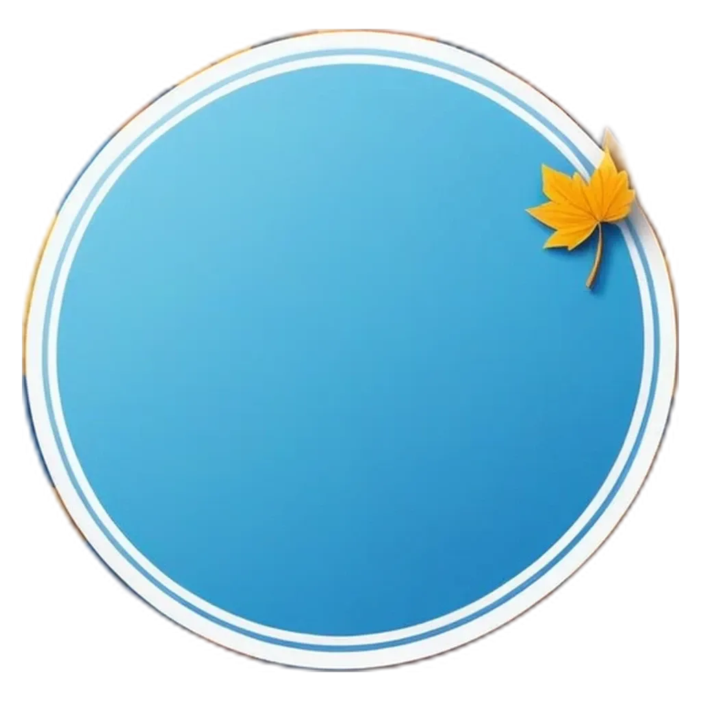 A blue and orange sticker with a leaf in the center of it.