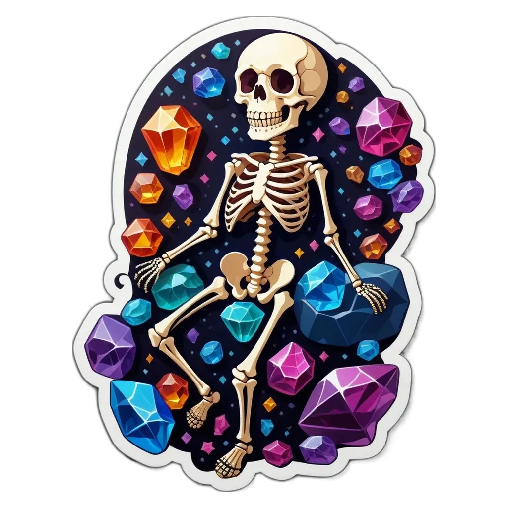 A skeleton is sitting on a pile of gemstones.