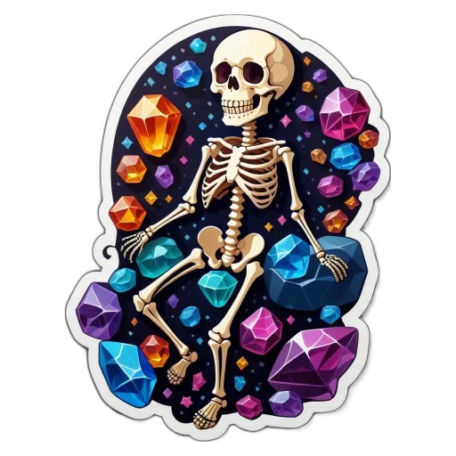 A skeleton is sitting on a pile of gemstones.