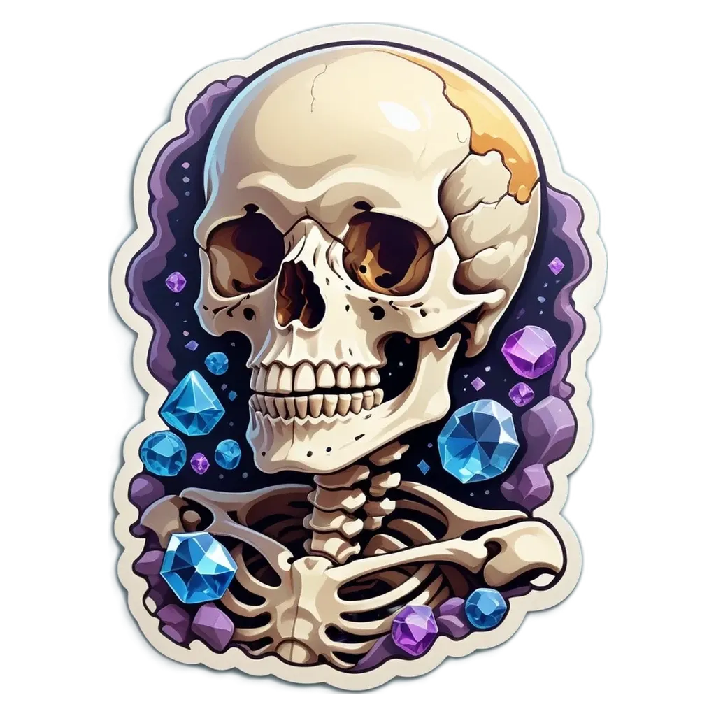 A skull is surrounded by stones and is smiling.