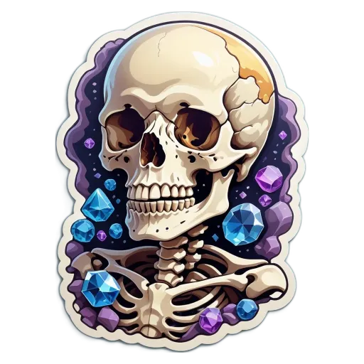 A skull is surrounded by stones and is smiling.
