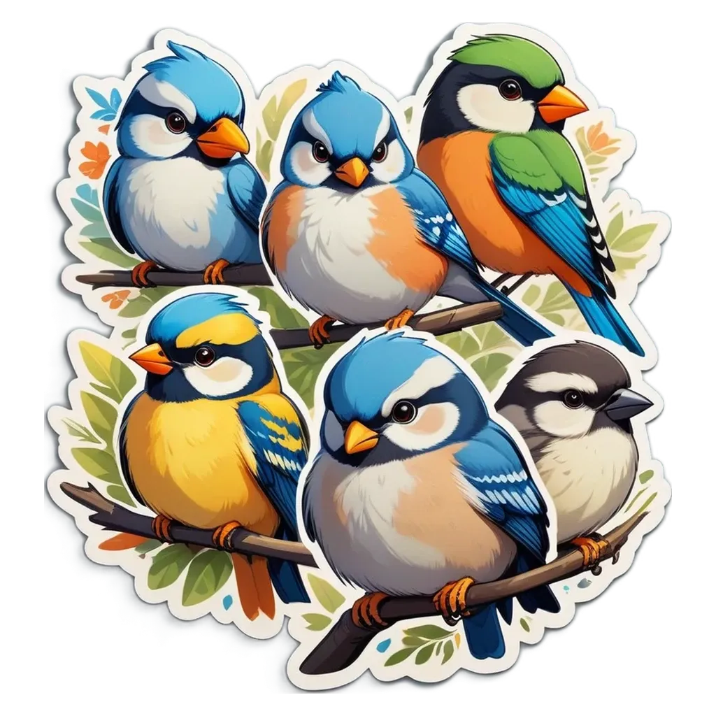 A collection of cartoon birds sitting on a branch.