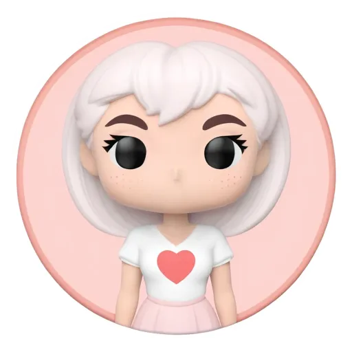 A sticker of a girl with a heart on her shirt.