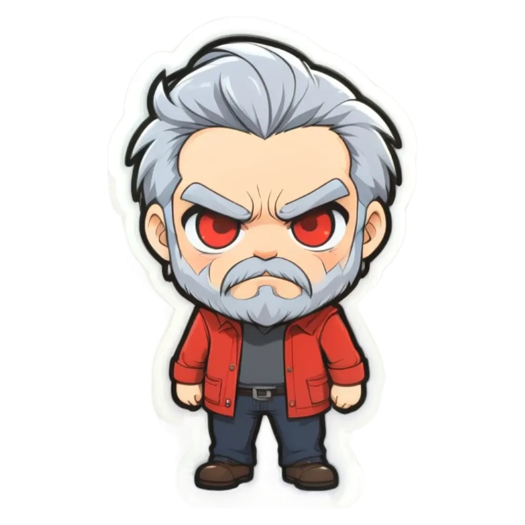 A sticker of a man with a red jacket and gray hair that is angry.