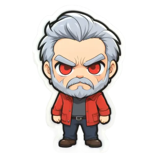 A sticker of a man with a red jacket and gray hair that is angry.