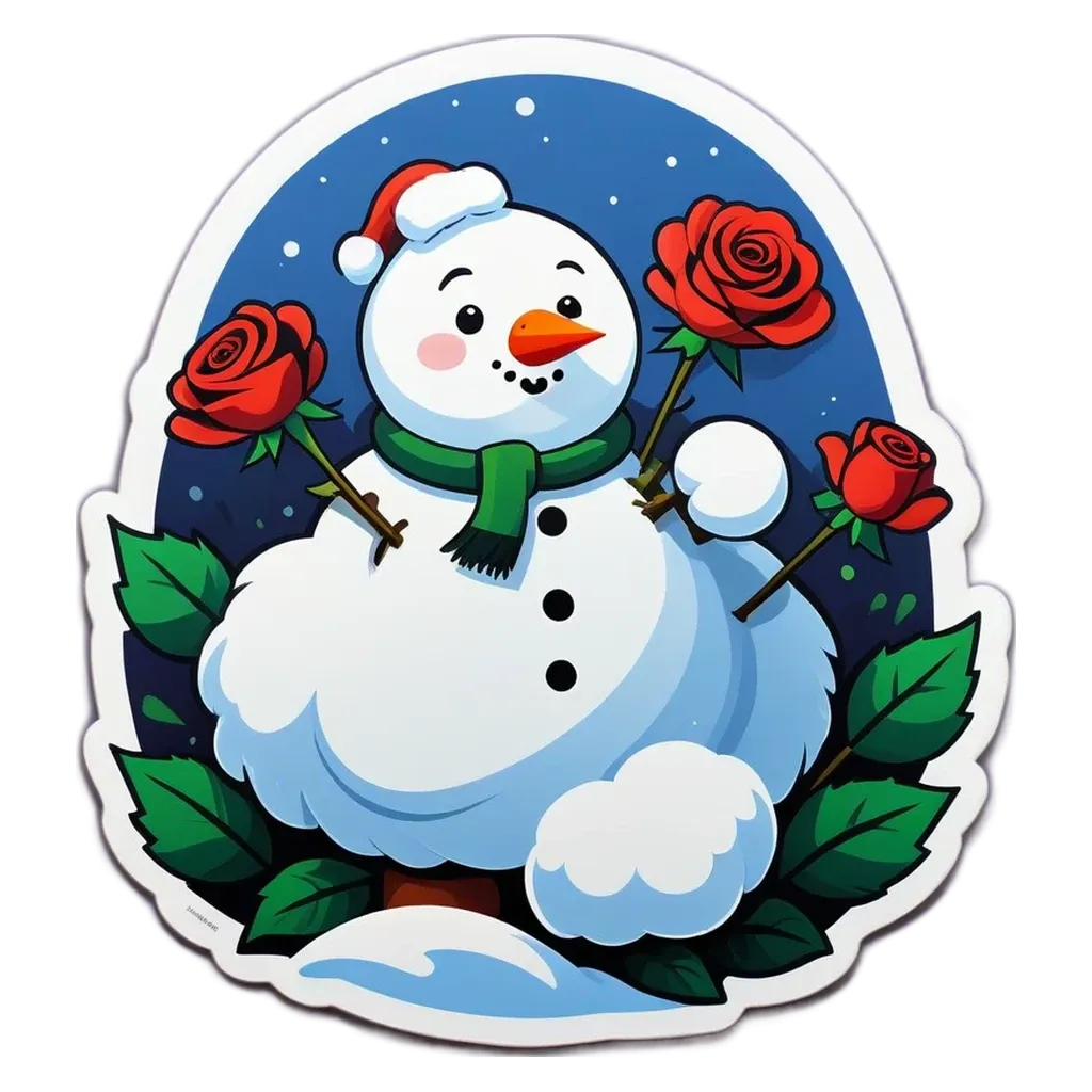 A snowman wearing a scarf and holding roses is in front of a black background.